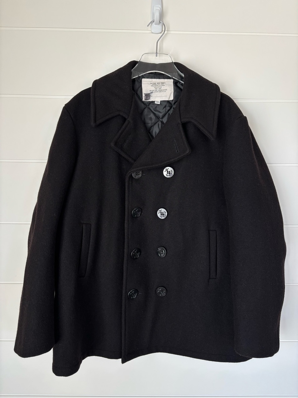 Vintage US Military Issue Black Wool PeaCoat Anchor Buttons Men's Size 46